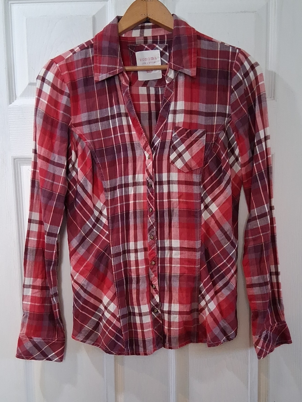 Sonoma Red, Purple, and White Plaid Snap Front Flannel Shirt